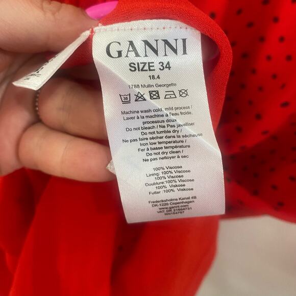 GANNI Mullin Georgette Red Polka Dot Long Sleeve Ruffle Hem Mini Dress Sz 2 - Picture 13 of 16